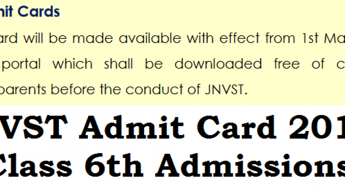 Jnvst Admit Card 2020 Download For 6th Class Vi